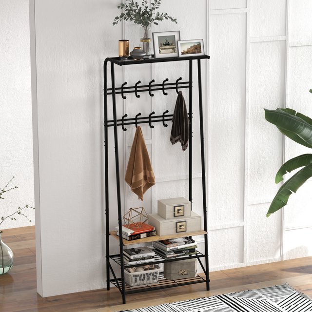 Hall Trees, Coat Rack with 10 Hooks, Entryway Bench with Storage, Multifunctional Hallway Organizer, Wood Look Accent Furniture with Metal Frame, for Entryway, Hallway, Front Door