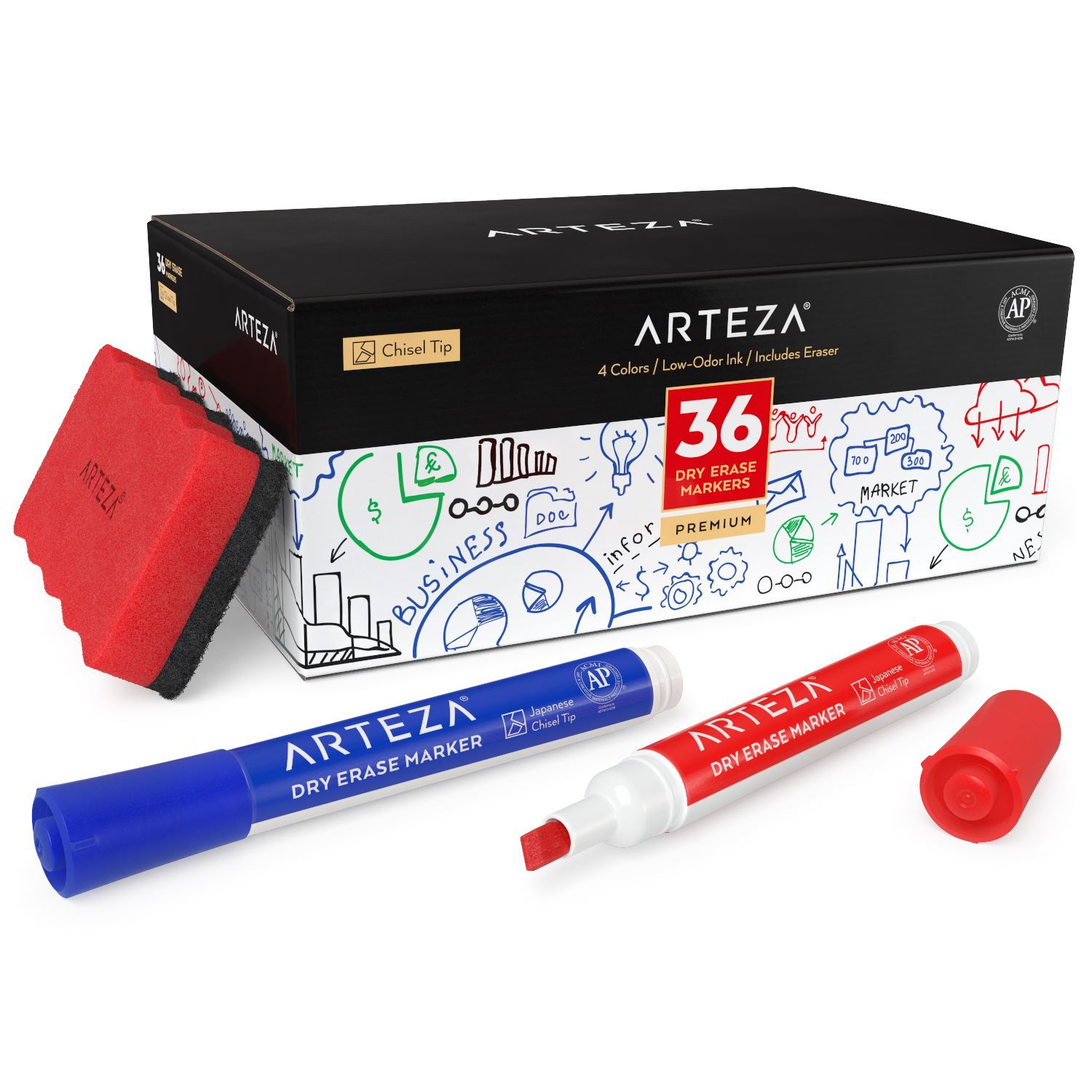 ARTEZA Dry Erase Markers, Chisel Tip, 4 Colors with Eraser Set of 36