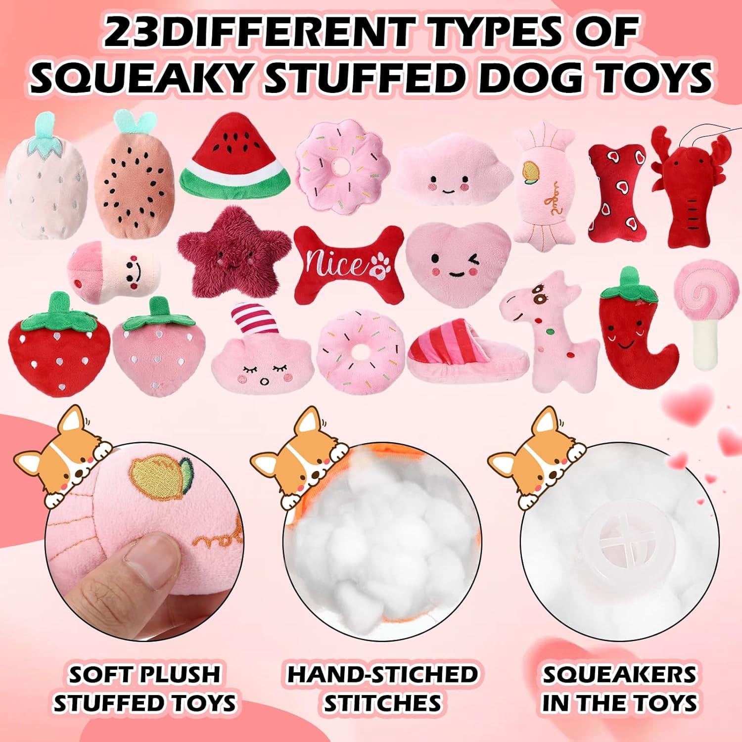 60 Pcs Squeaky Dog Toys Bulk Stuffed Plush Chew Toys Puppy Teething Rope Cute Spiky Chew Ball for Small Dog Pet Teething Gift(Pink Style)