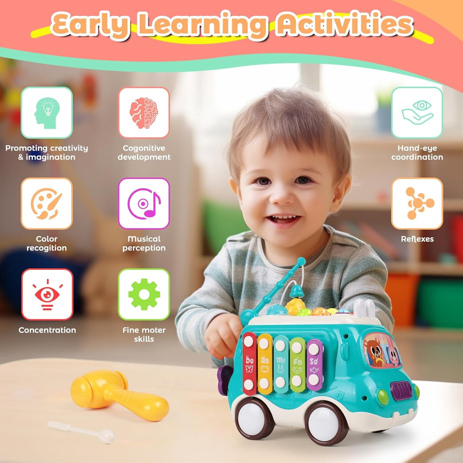 Baby Montessori Toys,6-in-1 Musical Bus Toys for Toddlers,Montessori Sensory Toys with Xylophone,Whack A Mole,Fishing Game,Montessori Sensory Toys for 2 3 4 Year Old,1st Birthday Gifts for Girls Boys