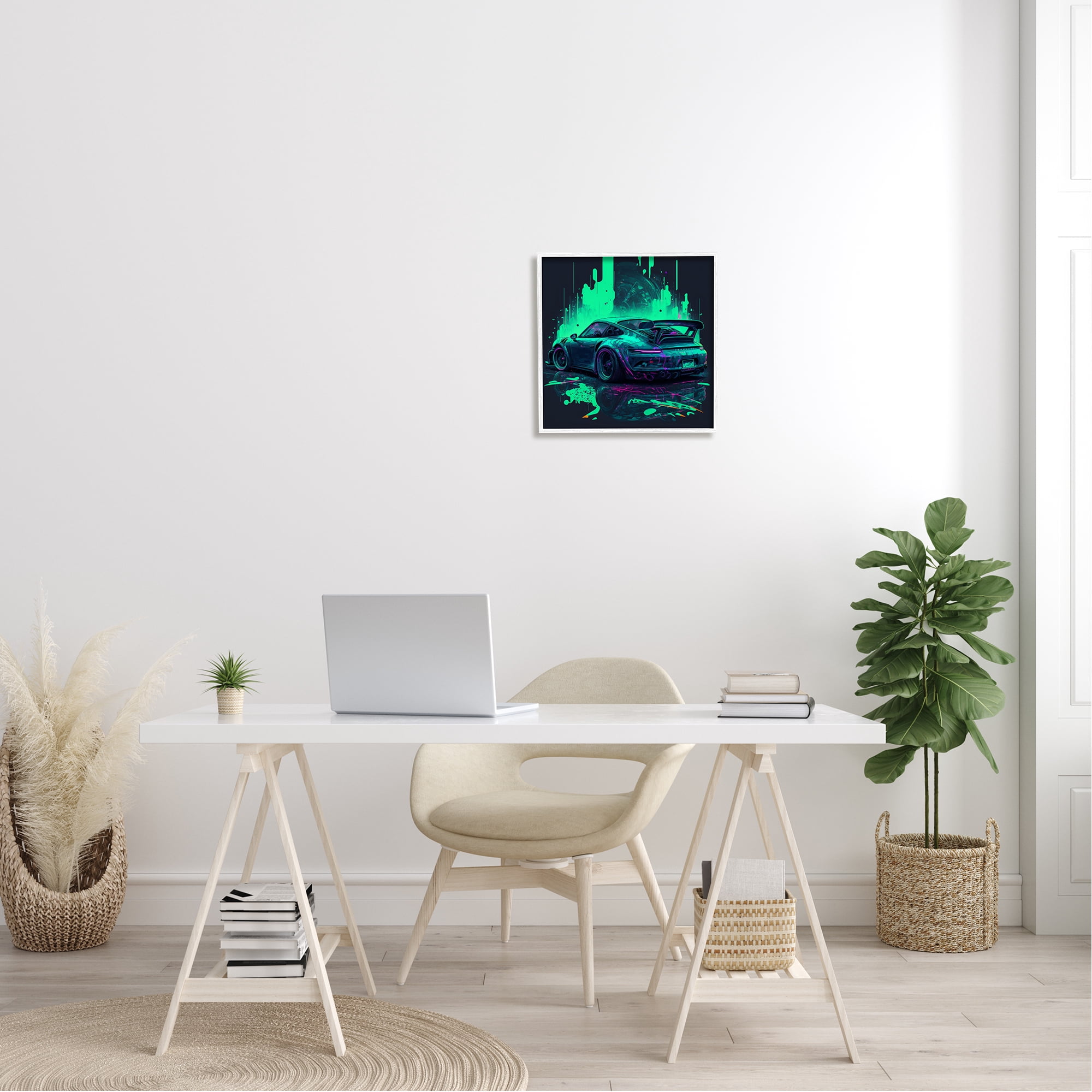 Stupell Industries Urban Sports Car Neon Graffiti Transportation Painting White Framed Art Print Wall Art