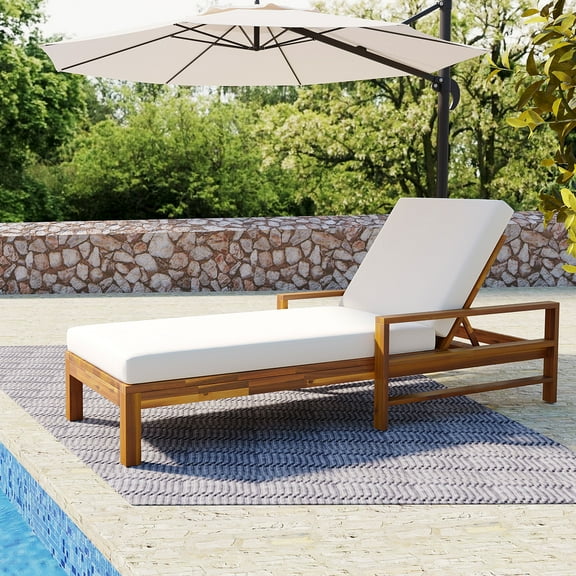 Harper & Bright Designs Wood Outdoor Lounge Chaise Patio Sunbed, PE Wicker Reclining Daybed with Adjustable Backrest & Cushions for Gardens Terraces Poolside, Natural Beige