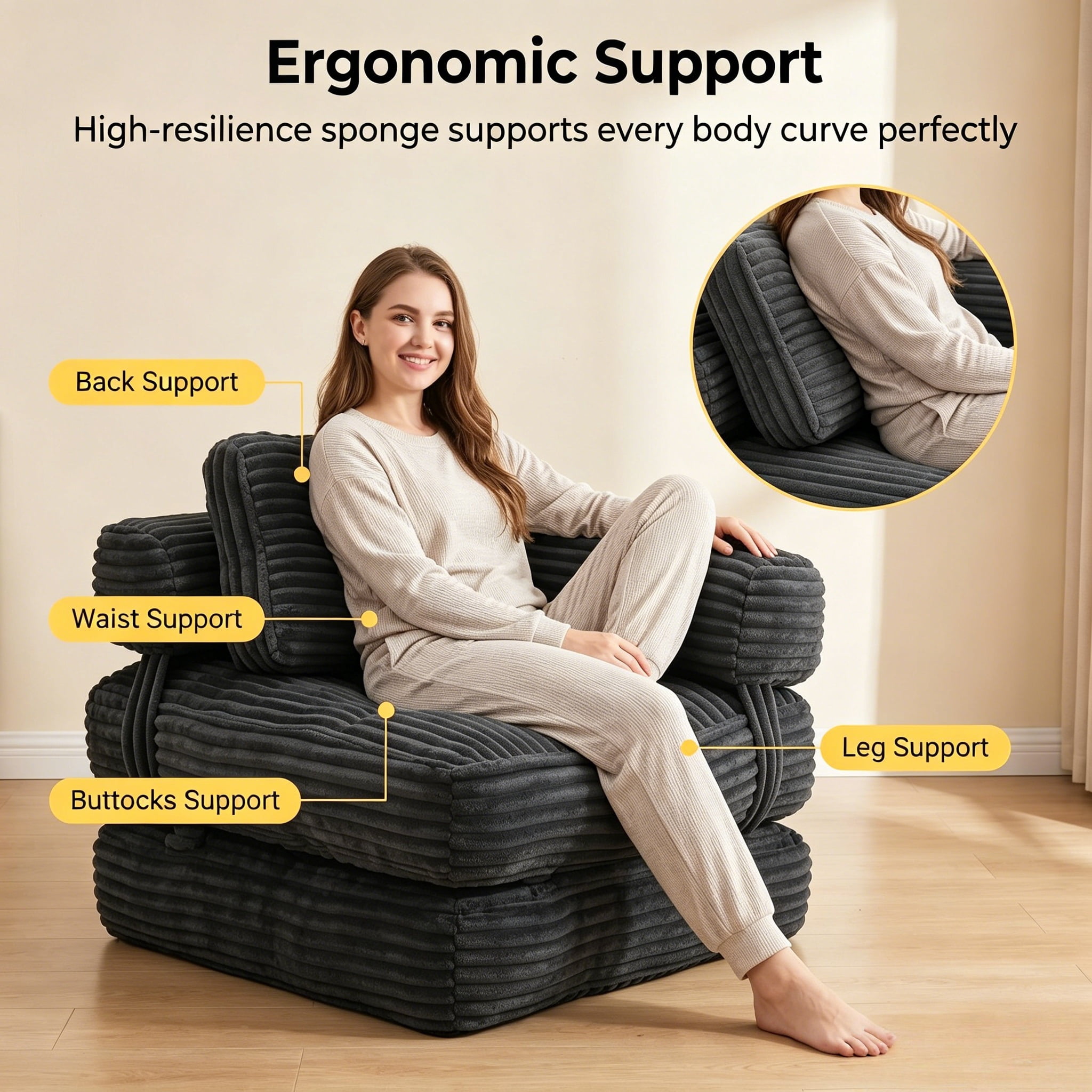 Howcool Corduroy Folding Sofa Bed,3 in 1 Convertible Sleeper Chair with Pillow & L-shaped Lumbar Pillow,Boneless Floor Sofa Couch Lounge Chair for Living Room Dorm,Dark Gray