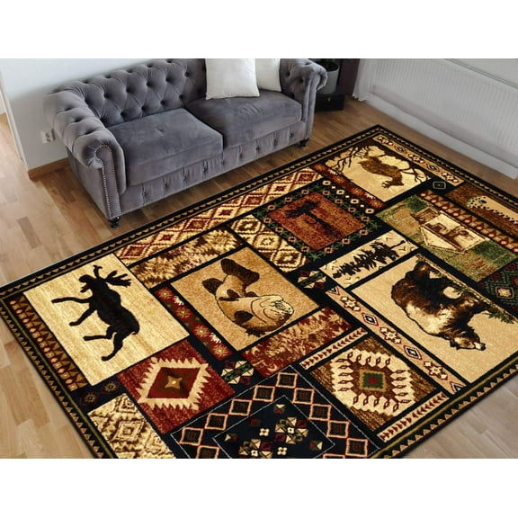 HR-Cabin Collection 906-Nature and Animals Area Rug 5.2 by 7.2Contemporary Geometric Design Fish/Moose/Bear/Lodge-Southwestern Design-Ivory/Red/Green and Multi