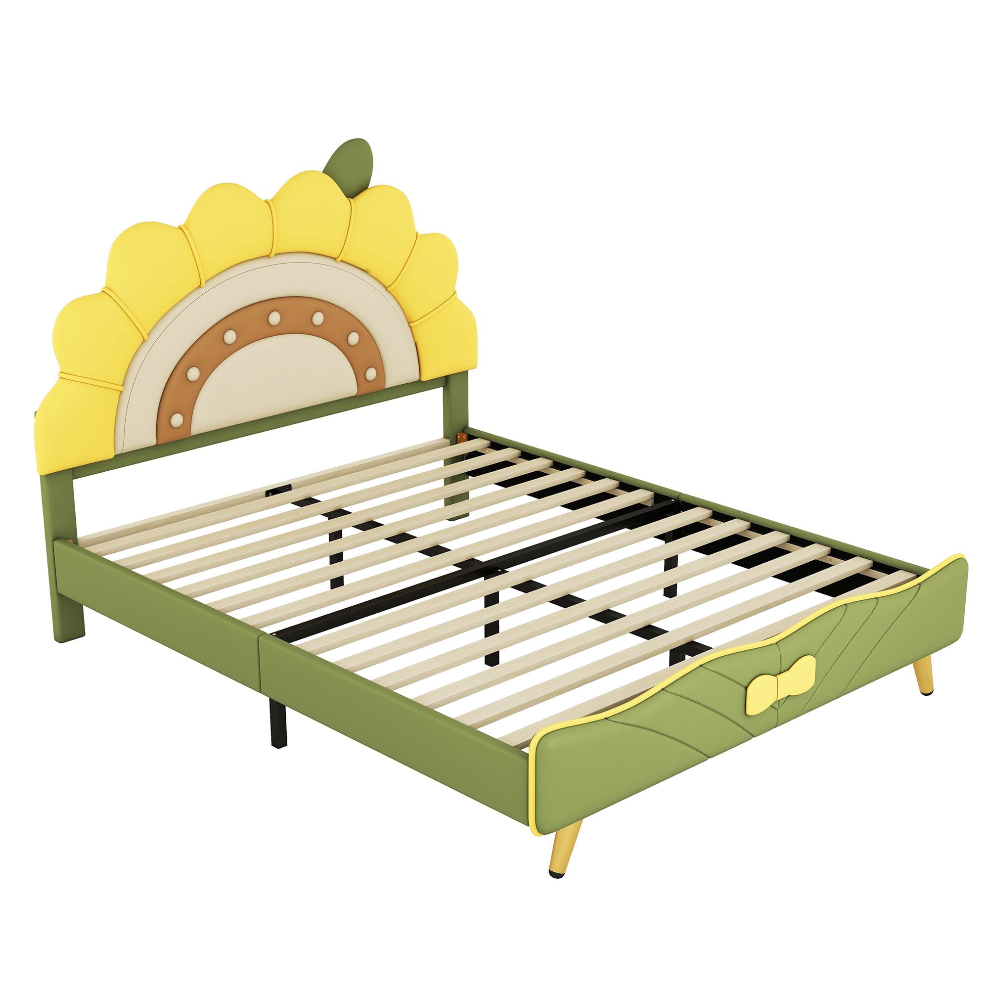 Aukfa Full Upholstered Bed Frame, Cartoon Bed with Sunflower Shape Headboard for Kids, Green