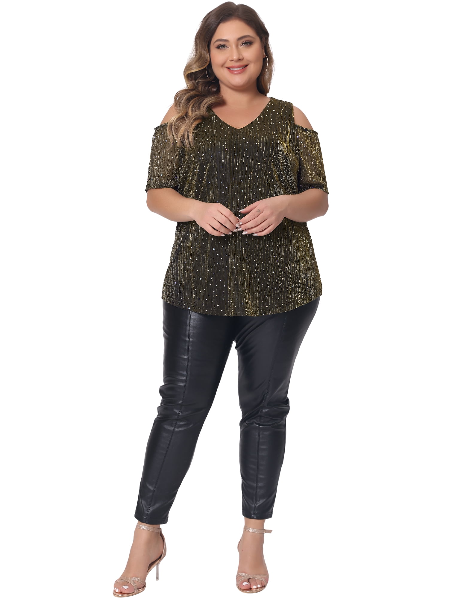Women's Plus Glitter Sequin Cold Shoulder Short Sleeve Party Blouse 2X Gold