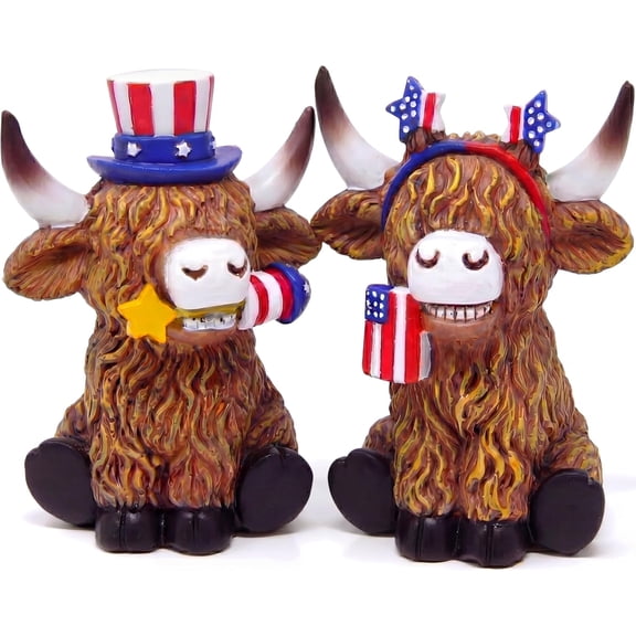 Gift Boutique Patriotic Highland Cow Figurines Set of 2, Mini Americana Resin Cow Statues, Red White Blue Rustic Decor for 4th of July Tabletop Shelf