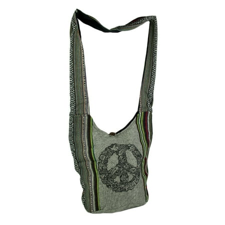 Kathmandu Imports - Mod Peace Sign Tribal Stripe Boho Cotton Crossbody Bag - Gray - Size Small