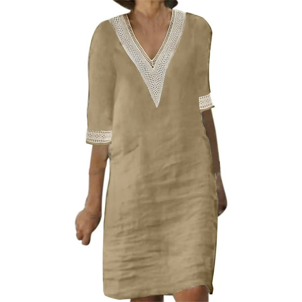 Vestido de mujer con cuello en V, costuras de encaje y manga media: vestido ligero y casual de verano con diseño clásico