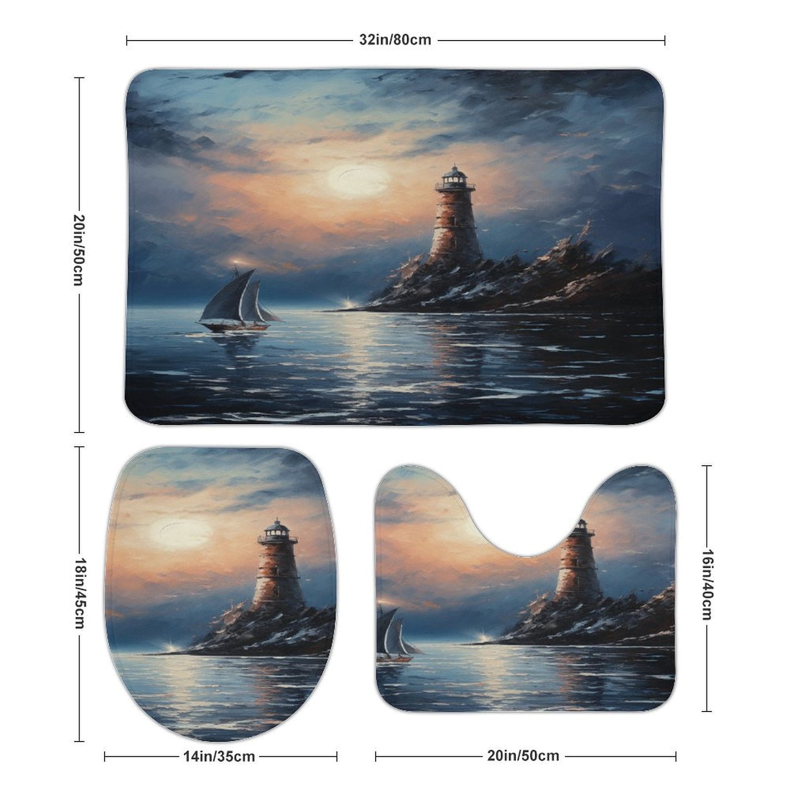 Lighthouse Coast Scenery Bathroom Mats Set 3-piece Bath Mats , Floor Rug Decorations for Kitchen Bathroom Bedroom