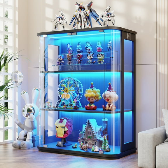 BROTTAR Rounded Display Cabinet with Glass Door, 3-Tier Curio Cabinet with 3 Color Lights for Collectibles, Glass Display Case with Transparent Full-Display Surface, Human Body Sensor, Black