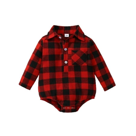

ESASSALY Baby Boy Shirt Romper Casual Plaid Print Buttons Long Sleeve Jumpsuit