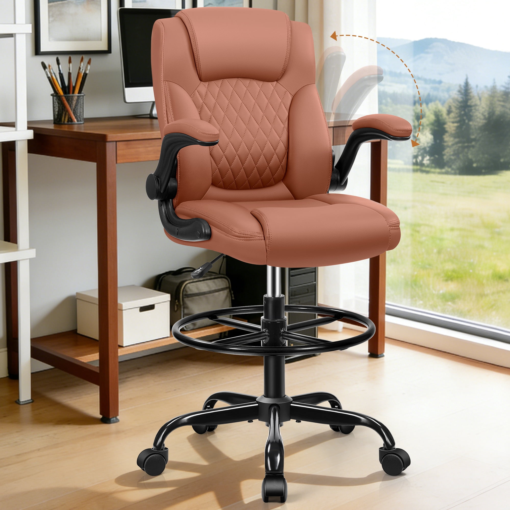 COOLHUT High Back Office Chair with Flip-Up Armrests, PU Leather Executive Ergonomic Computer Chair, Features Lumbar Support, Adjustable Foot Ring for Standing Desks, Home Offices, Brown