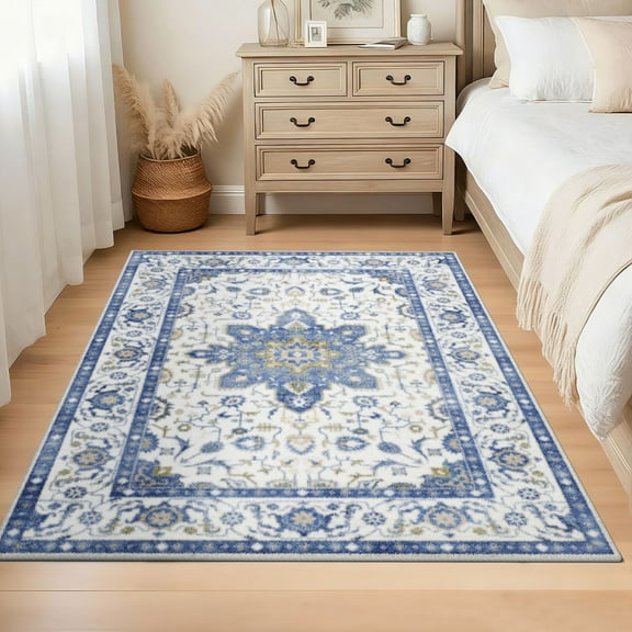 Socomw 4'x6' Area Rugs for Living Room, Machine Washable Rug Morocco Palace Flowers Non-Slip Soft Low Pile Carpet for Bedroom, Office, Kitchen, Dining Room