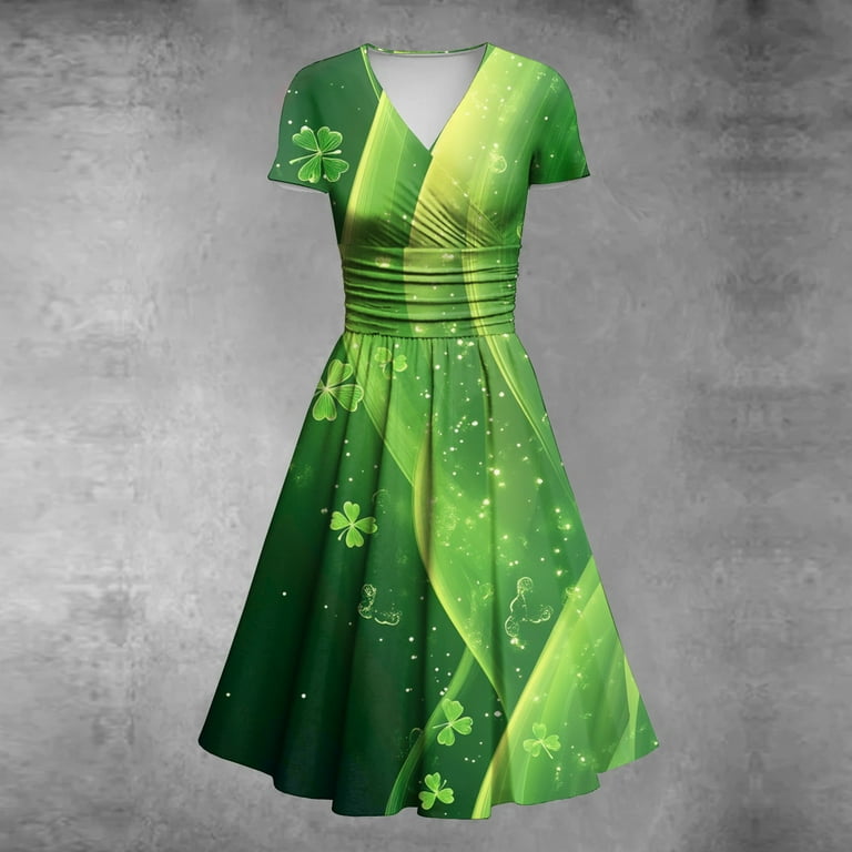 St Patrick Day Dress for Women Glitter Love Shamrock High Waist V