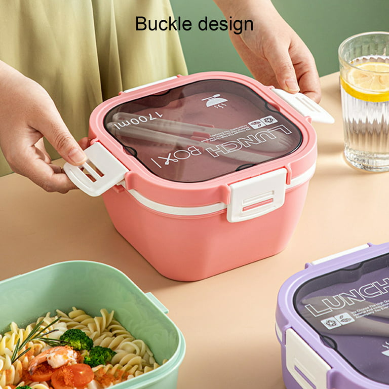 Yesbay 1 Set 1200/1700ML Lunch Box with Spoon Fork Grid Design Double Layer  Food Preservation Microwave Safe Buckle Design Salad Container