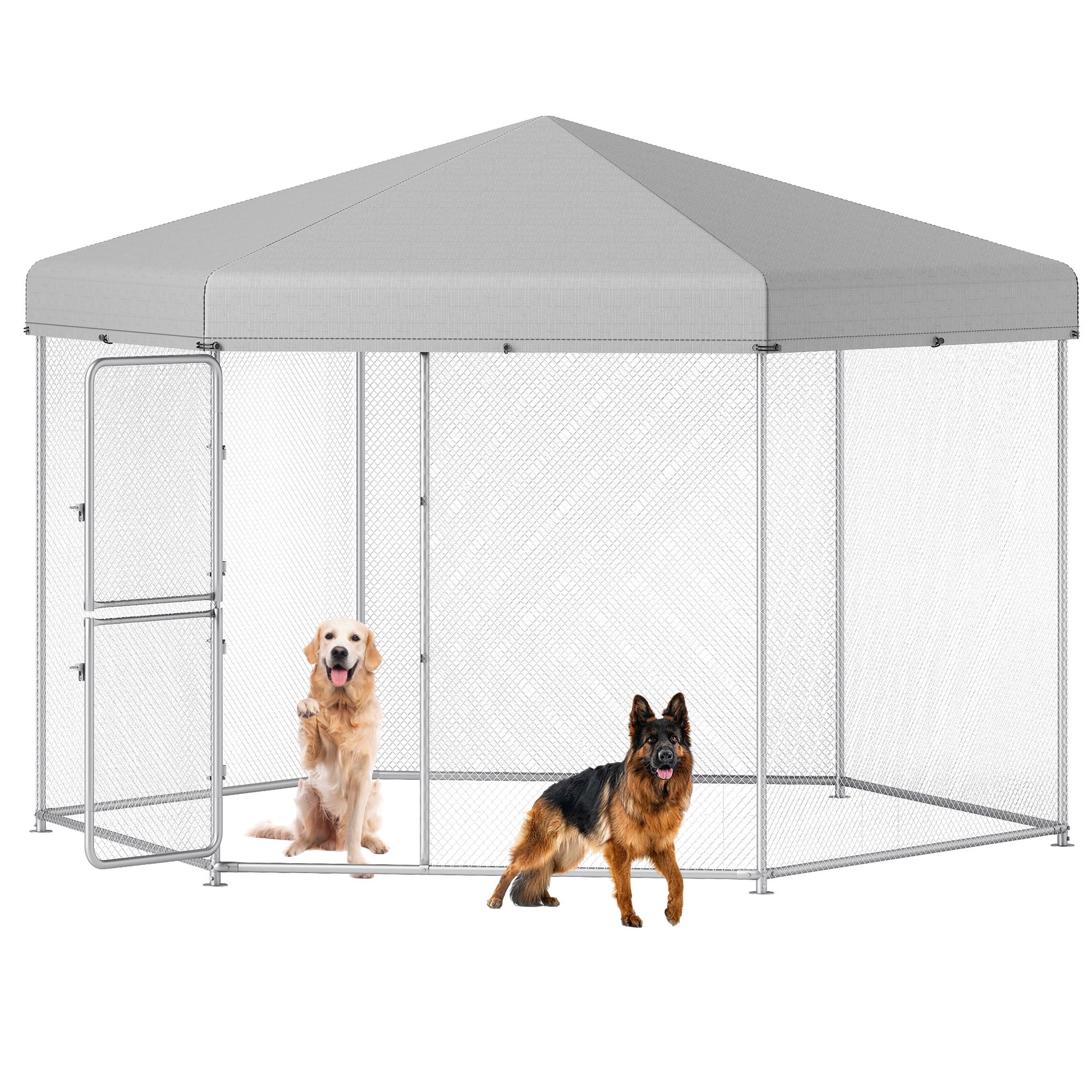 Uforic 13×11×7.6 FT Heavy Duty Outdoor Dog Kennel, Metal Dog House with UV-resistant Tarpaulin and Double-door Lock, Wire Dog Cage for Large Dogs, Silver