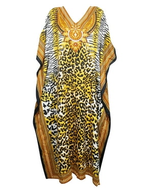 Mogul Women's Leopard Print Kimono Maxi Caftan Resort Wear V-Neck Cover Up Kaftan Dress One Size