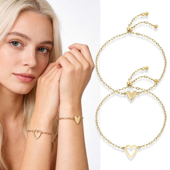 14K Gold Plated Matching Heart Charms Solitaire Bracelet Set for Women | Adjustable Love Friendship Two Bracelet Pack