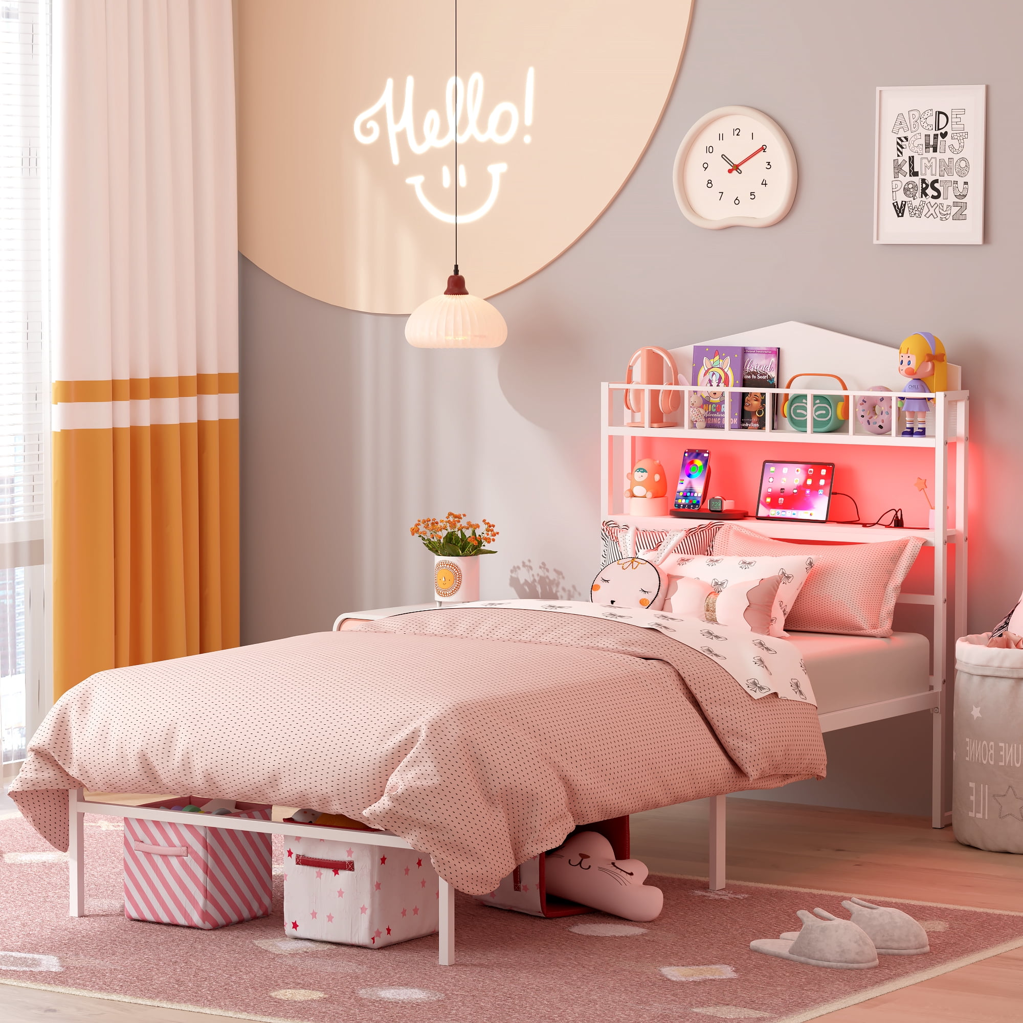 Yoneston Kids Twin Bed with 2 -Tier LED Storage Headboard & Charging Station, House-Shaped Platform Metal Bed Frame for Boys Girls Teens, White