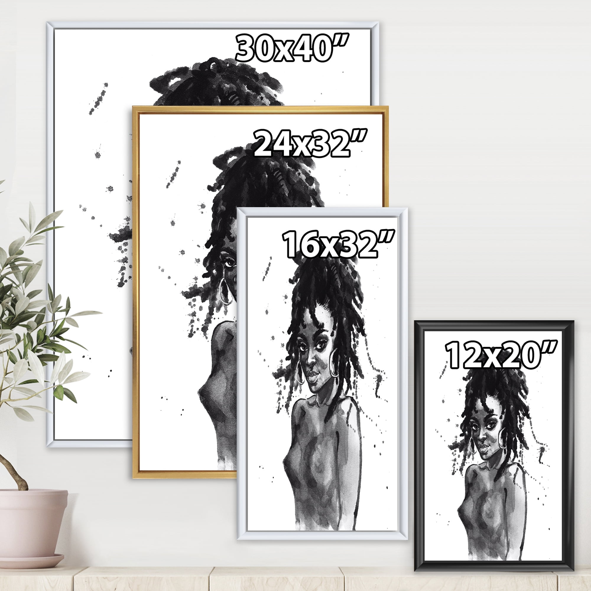 Designart 'Black and White Portrait of African American Woman V' Modern Framed Canvas Wall Art Print