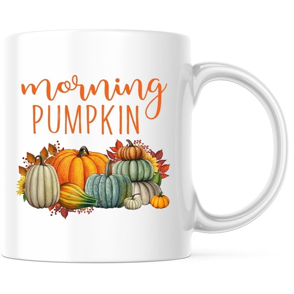 Morning Pumpkin Mug, Fall Autumn Coffee Mug, Pumpkin Lover Gift, Harvest Thanksgiving Tea Mug, Seasonal Ceramic Cup - 11 Ounce Novelty Coffee Cup - WMUG0109