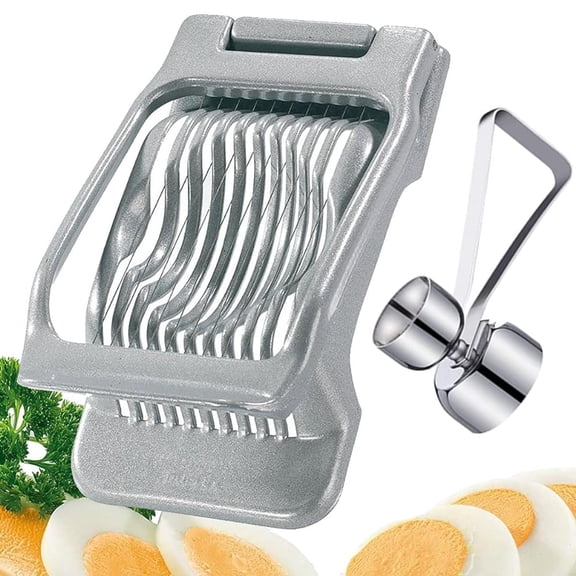 Egg Slicer and Opener 2-in-1, Stainless Steel Egg Cutter for Hard-Boiled Eggs, Multifunctional Kitchen Tool for Slicing Eggs, Strawberries, Mushrooms, and Cheese, Dishwasher Safe