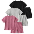 thumbnail image 5 of Fdqin Girls Summer Outfits 6 Pcs Casual Short Sleeve Knit tops and Shorts Set Black Pink Grey,4-12 Years, 5 of 7