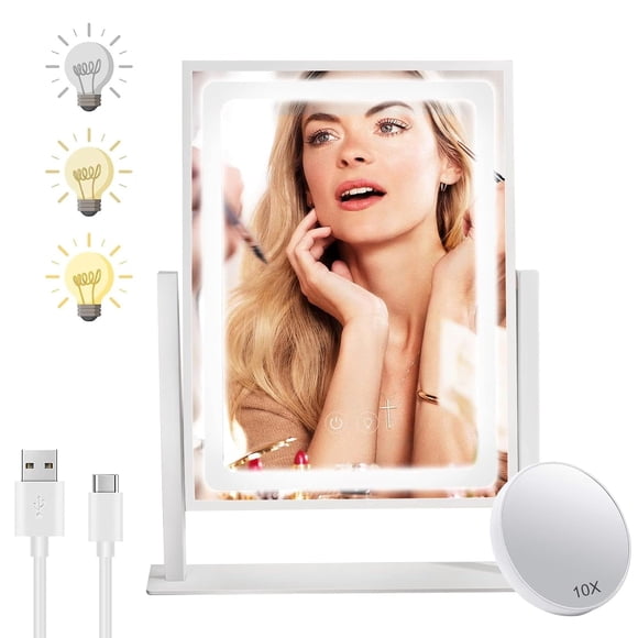 SOZOMO Espejo de Maquillaje con Luces,Espejos de Maquillaje para Tocador Hollywood,Espejo de Maquillaje de Mesa,Control Táctil Inteligente y Espejo Pequeño 10X,3 Modos de Color,F