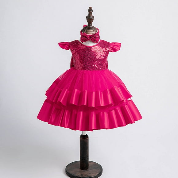 Geire Girls Birthday Party Dress Flying Sleeve Crewneck Sequin Princess Dress Tiered Mesh Pomp Dress