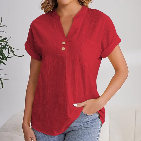 Women's Casual Shirt, V Neck Short Sleeve Loose Blouse with Pockets, Breathable Cotton Linen Top for Everyday Wear