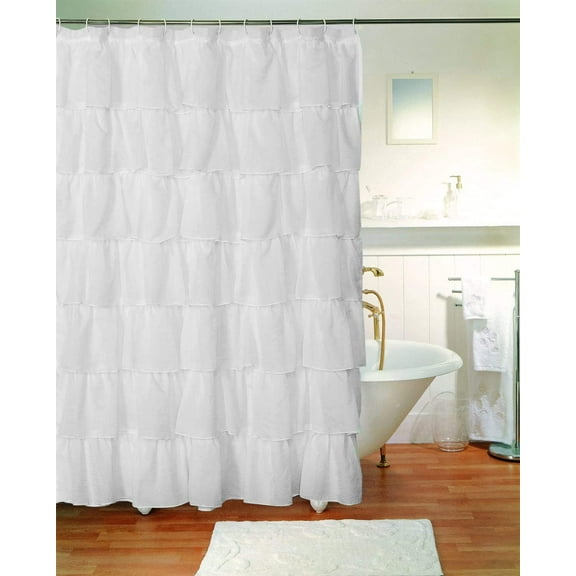 Decotex 1 Piece Gypsy Ruffle Crushed Sheer Voile Shabby Chic Bathroom Fabric Shower Curtain Panel (70" X 72", White)