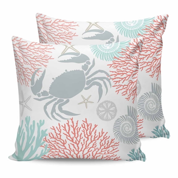 Pillow Covers 24x24 Set of 2, Teal Red Crab Coastal Throw Pillow Covers Decorative Couch Cushion Cover, Summer Coral Nautical Microfiber Soft Square Pillowcases for Bedroom Living Room Sofa