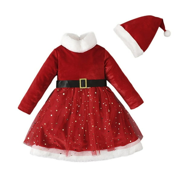 BULLPIANO 1-5T Kids Baby Girl Christmas Outfit Xmas Dress Long Sleeve Velvet Dresses Santa Hats 2Pcs