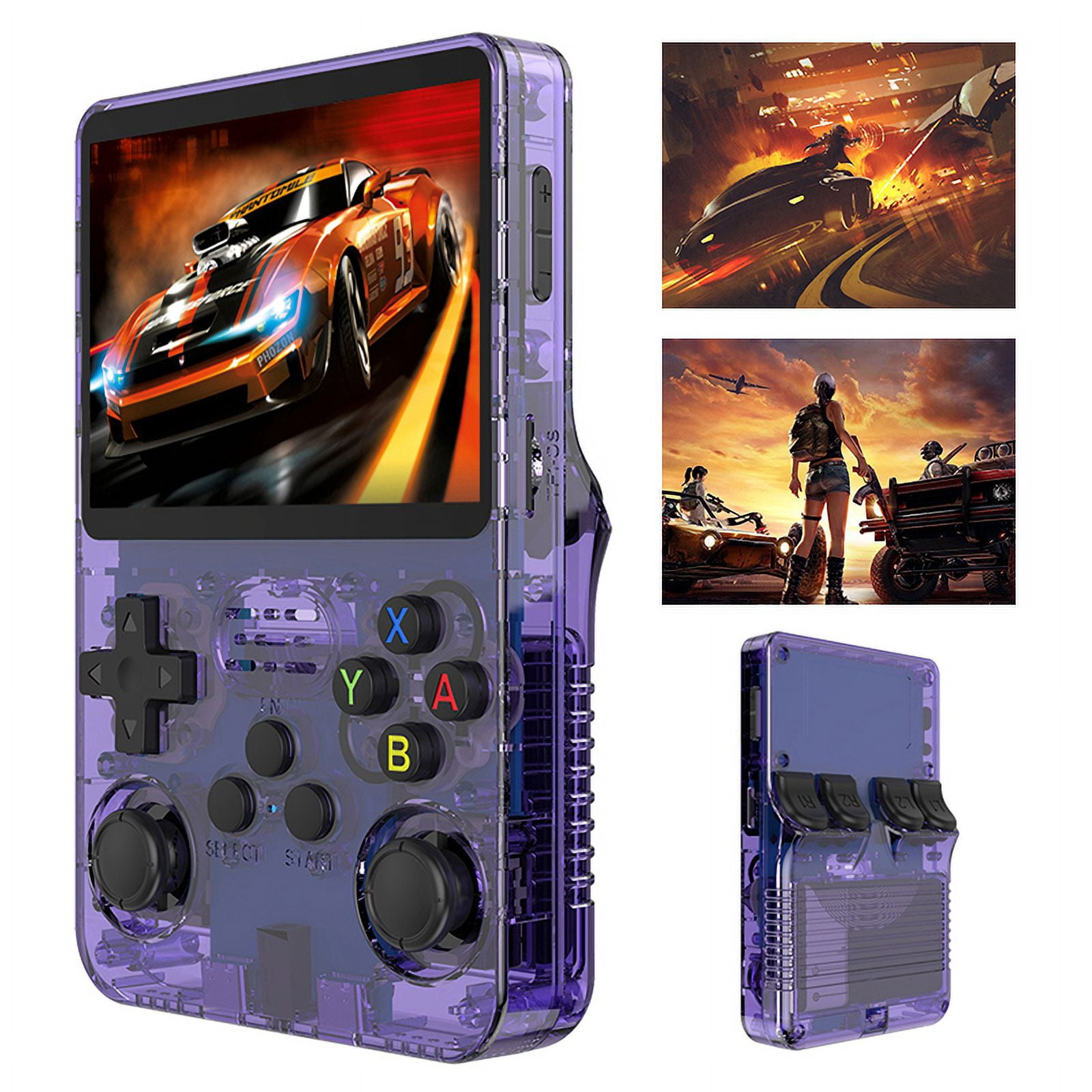 R36MAX Consola Portátil Retro – Pantalla IPS De 4 Pulgadas, 64 GB, +18.000 Juegos, Morado Transparente, Batería 4000 MAh, Con Estuche Y Funda