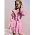 thumbnail image 5 of Womens V Neck Casual Long Sleeve Dresses Summer Loose High Waist Ruffle Pleated Cute Mini Short Dress Pink S, 5 of 8