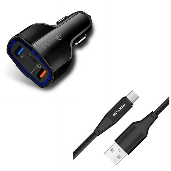 3-Port USB 48W Quick Car Charger w Charger Cord Type-C 6ft USB Cable A6V for Acer Liquid Jade Primo - Alcatel PulseMix, 7, Idol 5S 5 4S - ASUS Zenfone V Live, ROG Phone, AR 6 5z 4 Pro