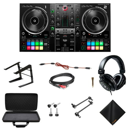 Hercules DJ Controller Inpulse 500 - 2 Deck USB DJ Controller with Mackie MC-100 Closed-Back Headphones , On-Stage Laptop Stand, Waith DJ Controller Case and Waith Cleaning Cloth (Bundle Set)