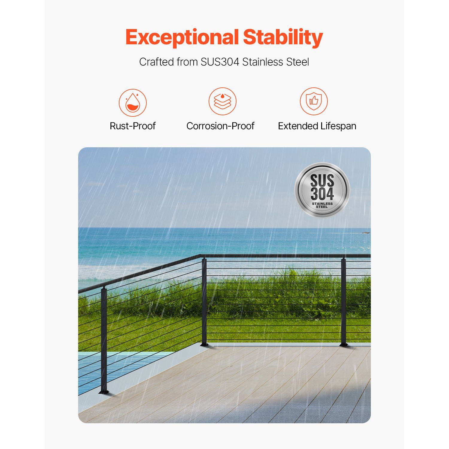42" L-Type Hole Cable Railing Post, SUS304 Stainless Steel, 12 Pairs of Holes, 3" Spacing, for Corner Deck Stairs Balcony Railing