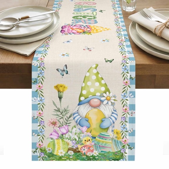 Easter Table Runner - 72 Inch Long, Kitchen Dining Table Runner Dresser Scarves, Gnomes Colorful Eggs Butterfly Flowers Blue Check Farmhouse Decor for Coffee Tables Wedding Party Banquet