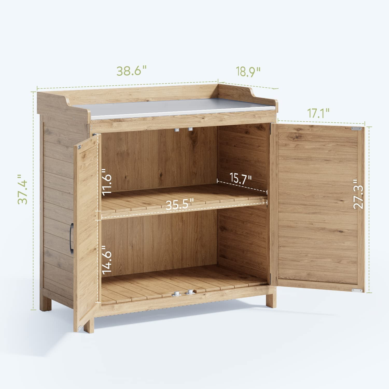 Lofka Outdoor Wooden Storage Cabinet with Potting Bench, Natural Wood Color, Weatherproof Garden Work Station, Patio Tool Shed for Backyard