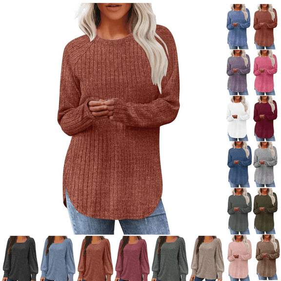 yoeyez Long Sleeve Shirts for Women Lightweight Knitted Fall Tunic Tops Crew Neck Hem Slit Pullover Basic Sweaters for Women 2025 Black XL