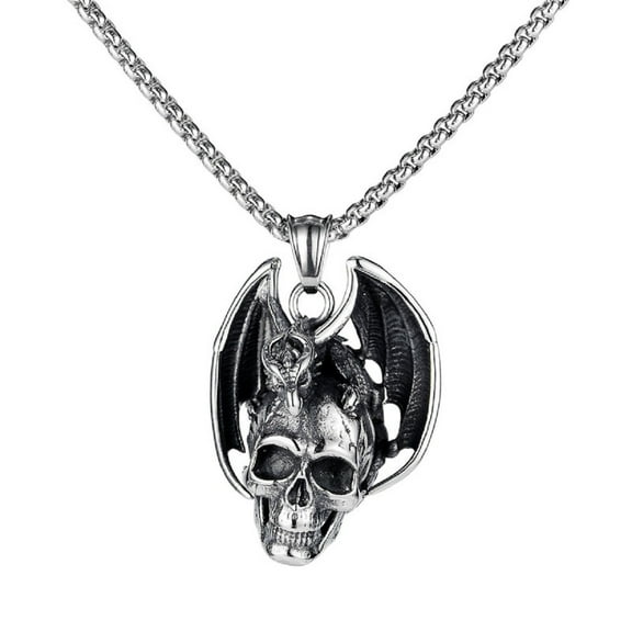 MayiaHey Dragon Skull Pendant, Gothic Skull Dragon Necklace for Men, Punk Dragon Wing Necklace Skull Dragon Charm Jewelry, Hip Hop Dragon Wings Skull Necklace Cool Dragon Skull Pendant Necklace