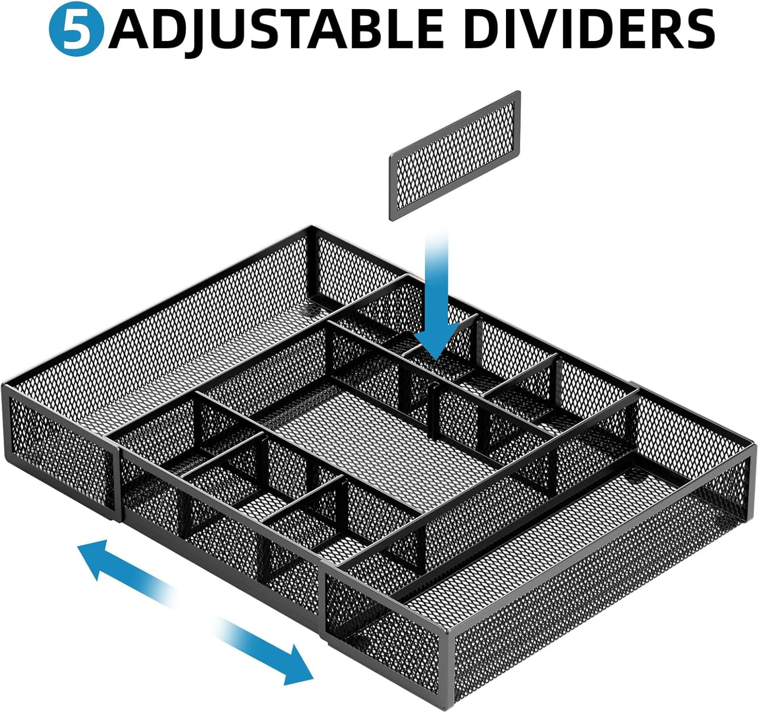 Expandable Desk Drawer Organizer, Mesh Drawer Organizer Tray with 10 Adjustable Compartments, Desk Organizers and Accessories for Office Supplies, Makeup & Vanity (Expandable Black-2 pack)