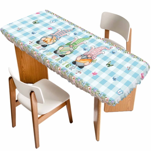Easter Table Cloths for 8 Foot Rectangle Tables, Spring Gnomes Bunny Eggs Flowers Blue Checkered Patio Waterproof Elastic Fitted Tablecloths, Washable Rectangular Table Cover for Camping