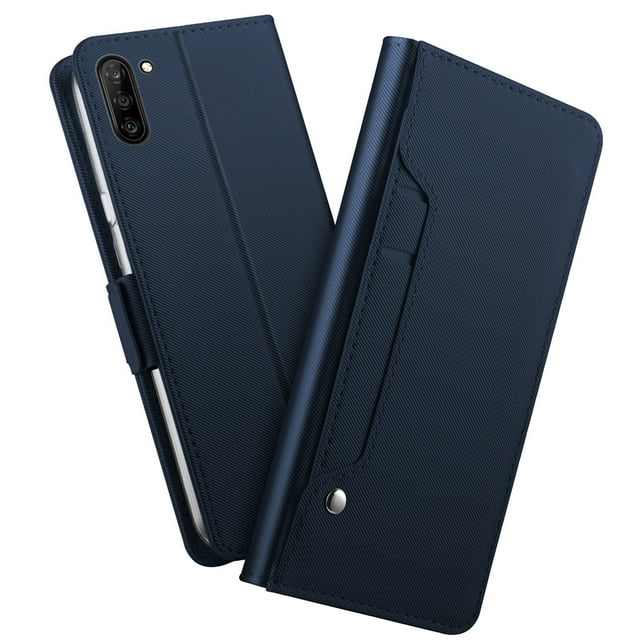 TORUBIA PU Leather Wallet Case For Samsung Galaxy Note 10 Case Flip Stand Cover with Mirror and Card Slots Blue