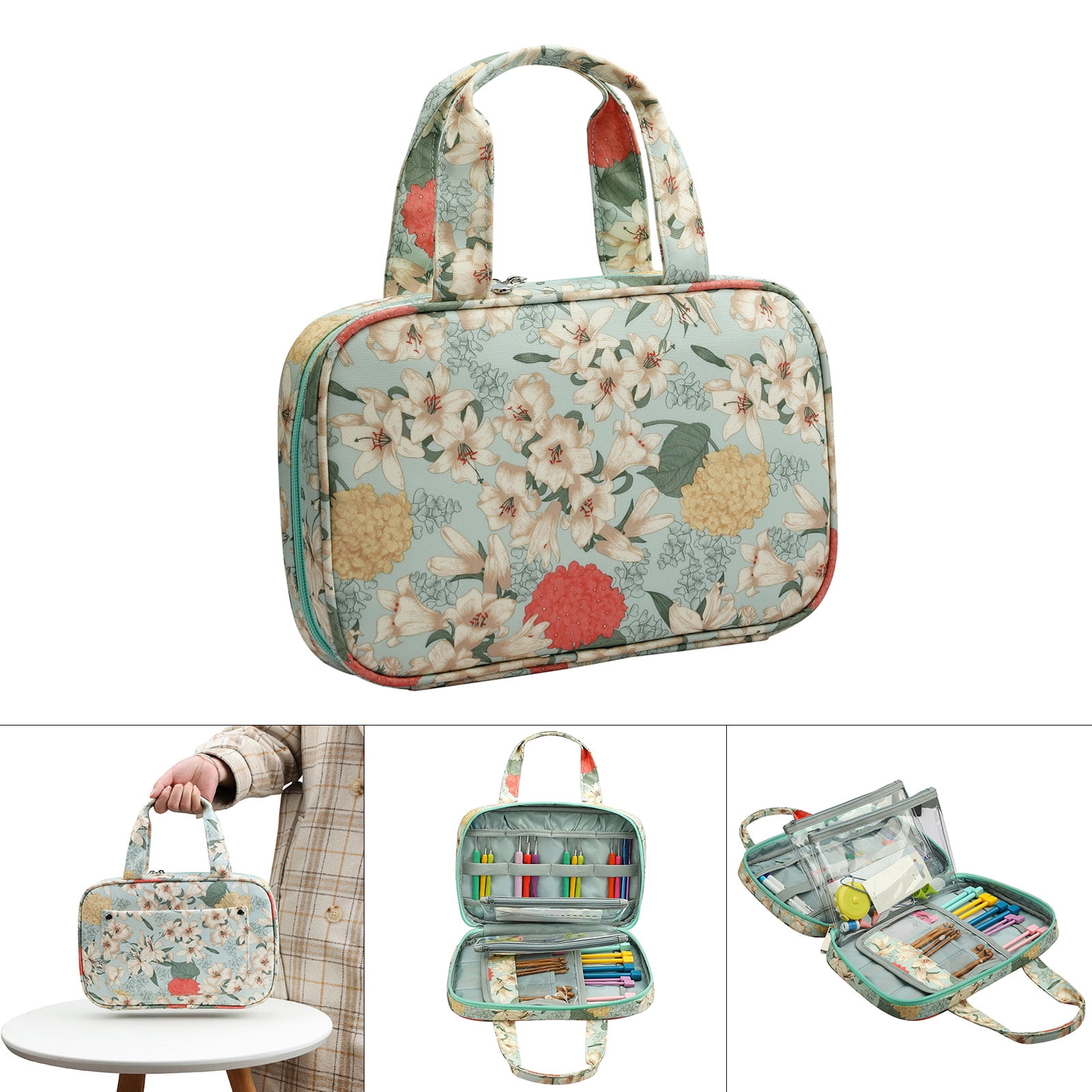 Crochet Hook Case Knitting Needle Case with Double Handle Crochet Needle Hook Organiser Portable Travel Storage Bag