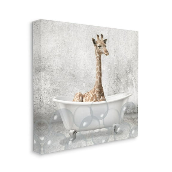 Baby Giraffe Bath Time Cute Animal Design Animals & Insects Gallery-Wrapped Canvas Print Wall Art, 17x17