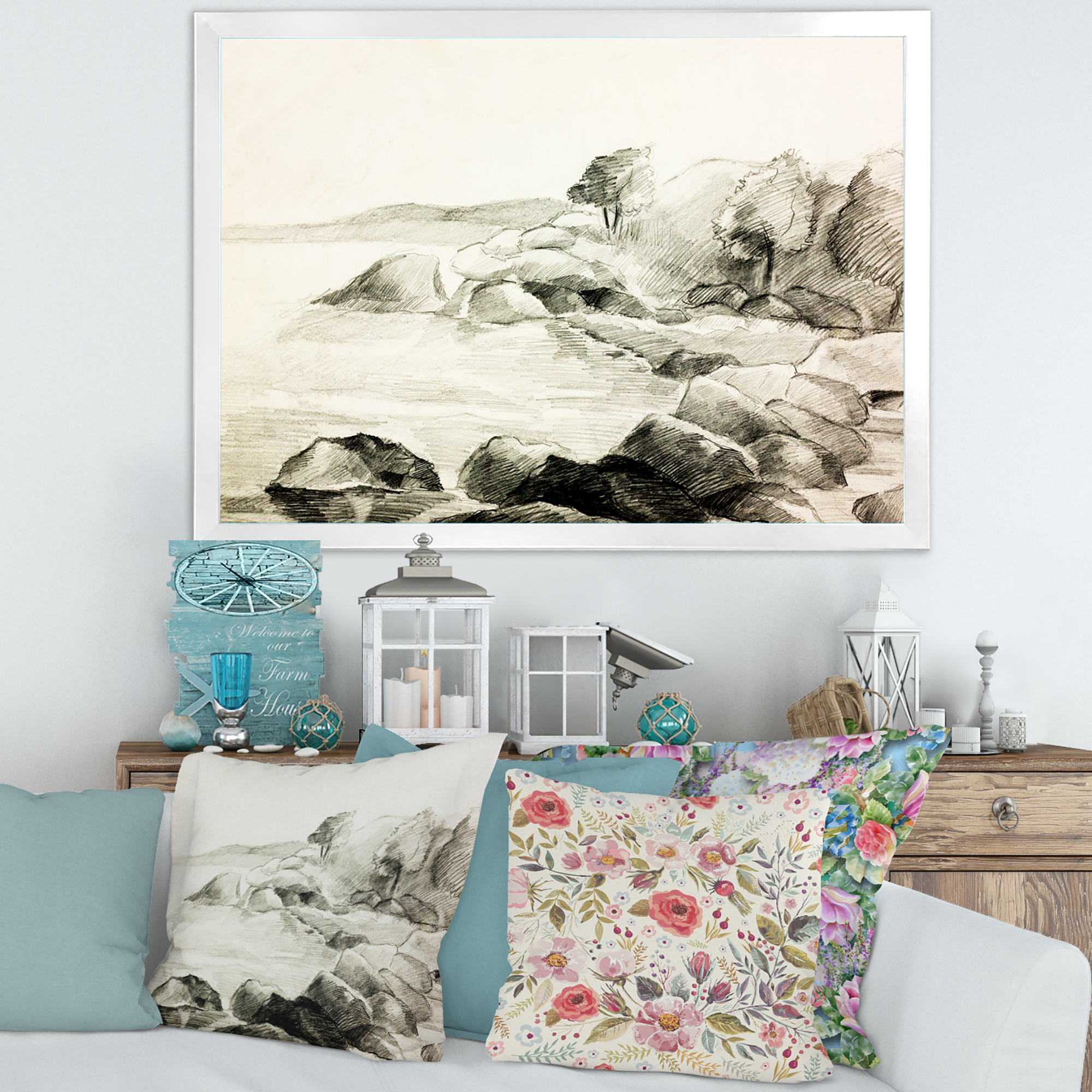 Designart 'Black and White Lake Shore' Nautical & Coastal Framed Art Print
