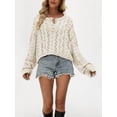 thumbnail image 5 of Women Chunky Cable Crop Sweater Pullover Casual Half Button Flared Long Sleeve Jumper Tops Apricot L, 5 of 7